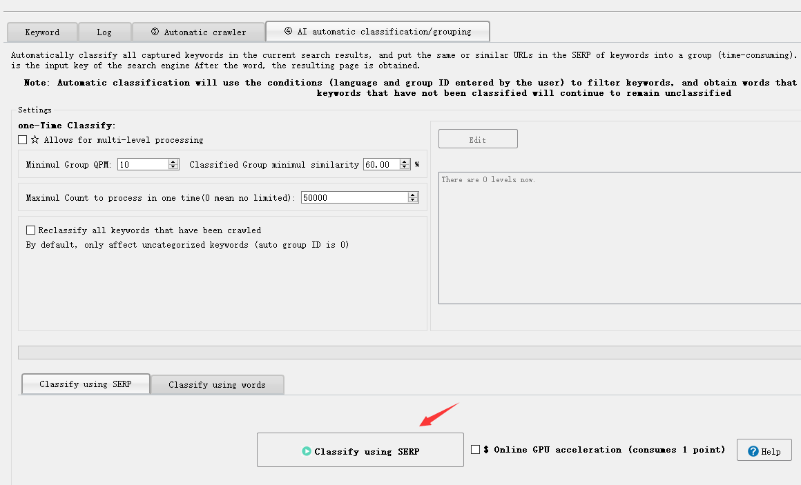 使用 "AI 自动分类 "将关键词与 SERP 进行聚类
